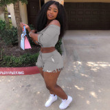 Solid Color Sexy Off Shoulder Crop Top Tassel Shorts Two Piece Outfit