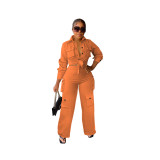 Long sleeves solid color cargo wide legs pants set