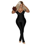 Sexy Solid Color V-Neck Bodycon Two Piece Pant Set