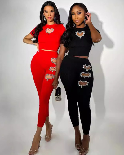 Fashionable rhinestone short-sleeved ribbed trousers casual set