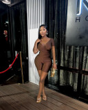 Sexy Solid Color V-Neck Bodycon Two Piece Short Set