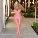 Sexy Solid Color V-Neck Bodycon Two Piece Pant Set