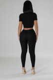 Fashionable rhinestone short-sleeved ribbed trousers casual set