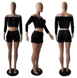 Solid Color Sexy Off Shoulder Crop Top Tassel Shorts Two Piece Outfit