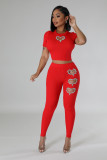 Fashionable rhinestone short-sleeved ribbed trousers casual set