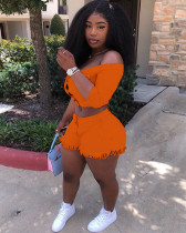 Solid Color Sexy Off Shoulder Crop Top Tassel Shorts Two Piece Outfit
