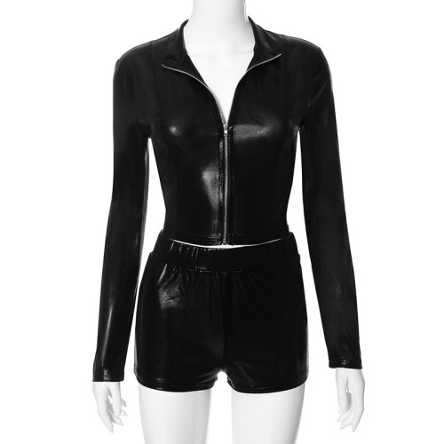 Long sleeve zipper crop top elastic waist shorts glossy two piece set