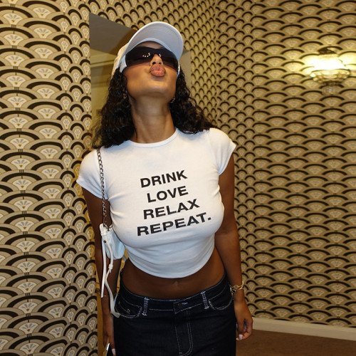 Street trendy round neck lettering print short sleeves crop top T-shirt