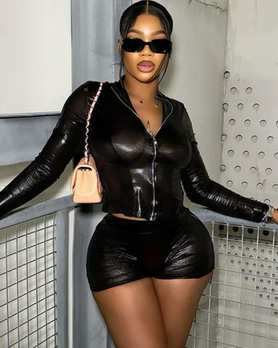 Long sleeve zipper crop top elastic waist shorts glossy two piece set