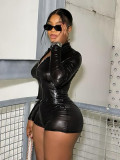Long sleeve zipper crop top elastic waist shorts glossy two piece set