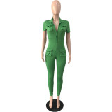 Sexy zippered 3D pocket plus size jumpsuit