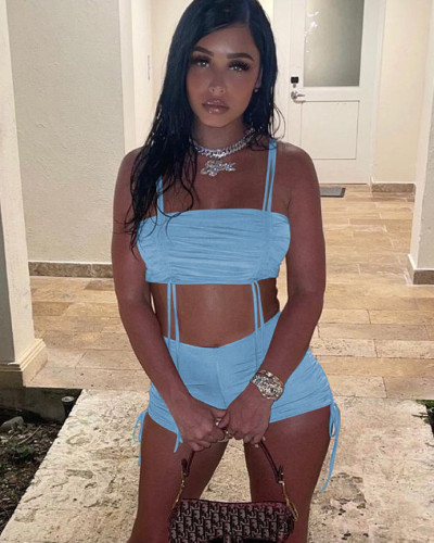 Fashionable solid color two-piece casual strappy shorts set