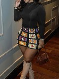 Geometric Color Block Long Sleeve Multicolor Skirt Set