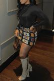 Geometric Color Block Long Sleeve Multicolor Skirt Set