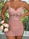 Sexy lace mesh see through hollow out chains lingerie set