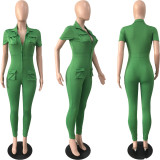 Sexy zippered 3D pocket plus size jumpsuit