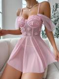 Sexy see through sleepwear floral mesh babydoll lingerie set
