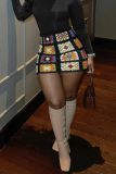 Geometric Color Block Long Sleeve Multicolor Skirt Set