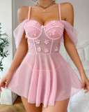 Sexy see through sleepwear floral mesh babydoll lingerie set