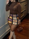 Geometric Color Block Long Sleeve Multicolor Skirt Set