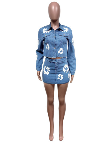 Denim fashion printed stretch skirt set