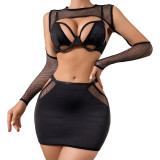 2024 mesh long-sleeved sexy four-piece lingerie set