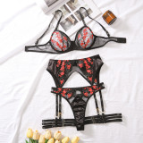 2024 Sexy Set Fashionable Mesh Embroidered Spliced Underwear Garter Belt Sexy Four-piece Set