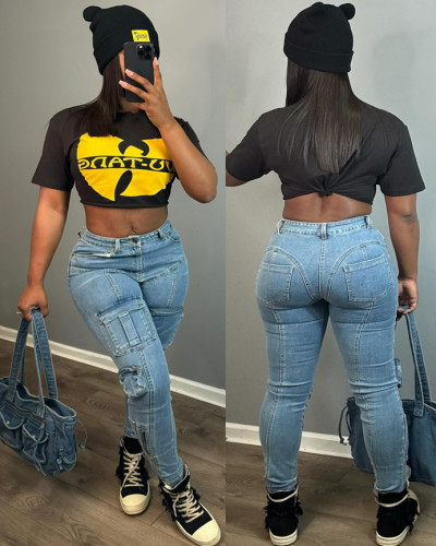 Multi-pocket stretch skinny casual cargo jeans