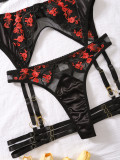 2024 Sexy Set Fashionable Mesh Embroidered Spliced Underwear Garter Belt Sexy Four-piece Set