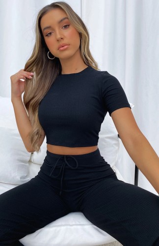 Summer women's wear striped short-sleeved tops and trousers knitted casual set