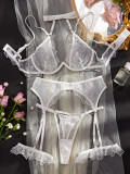 Low-cut erotic underwear floral embroidery steel rings push-up sexy see-through four-piece lingerie set