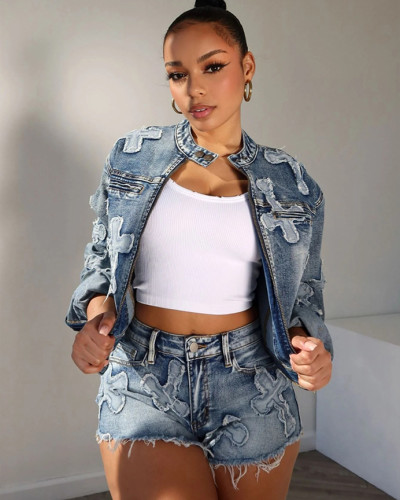Denim embroidery shorts stretch set
