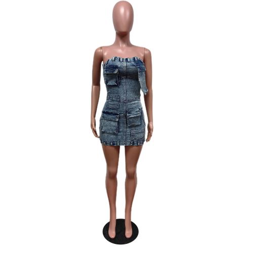 Strapless slim fit 3D pocket mini denim dress