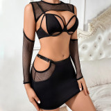 2024 mesh long-sleeved sexy four-piece lingerie set