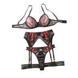 2024 Sexy Set Fashionable Mesh Embroidered Spliced Underwear Garter Belt Sexy Four-piece Set