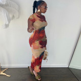 Fashionable Printed Round Neck Short Sleeve Long Bodycon Dress