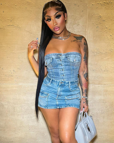 Sexy stretch strapless denim skirt set