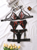 2024 Sexy Set Fashionable Mesh Embroidered Spliced Underwear Garter Belt Sexy Four-piece Set