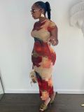 Fashionable Printed Round Neck Short Sleeve Long Bodycon Dress