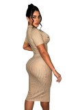 Stretch knit short sleeve long bodycon dress