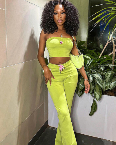 Fashionable embroidered flower tube top high waist casual trousers two-piece set