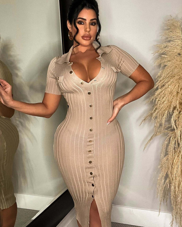 Stretch knit short sleeve long bodycon dress