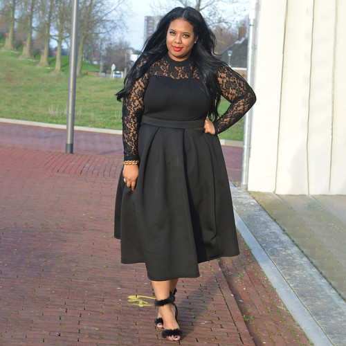 Plus size evening dress lace round neck sexy long dress