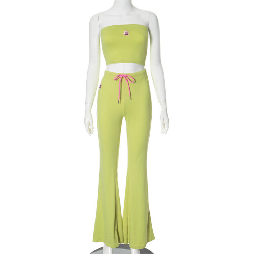 Fashionable embroidered flower tube top high waist casual trousers two-piece set