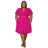 Plus Size Ruffle Sleeve V Neck Plus Size Skirt Set