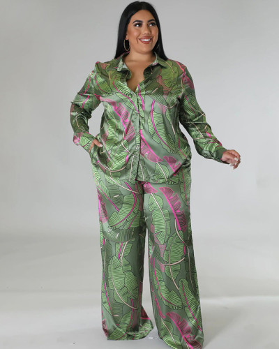 Printed Long Sleeve Blouse Loose Pants Casual Plus Size Two Piece Clothing