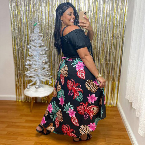 Plus size women's digital printed casual two piece skirt set