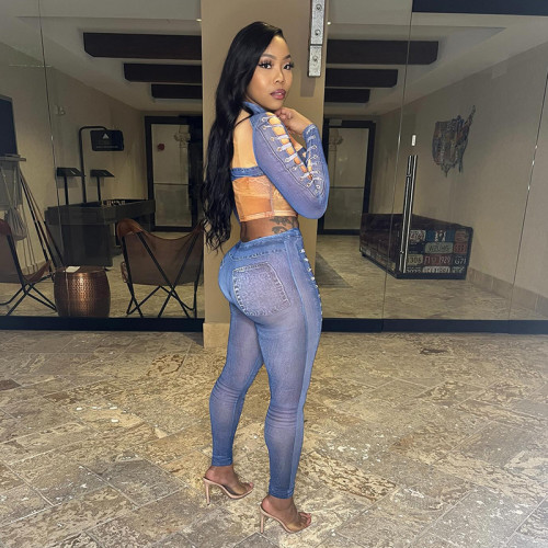 Fashionable street trendy digital printed mesh see-through trousers set