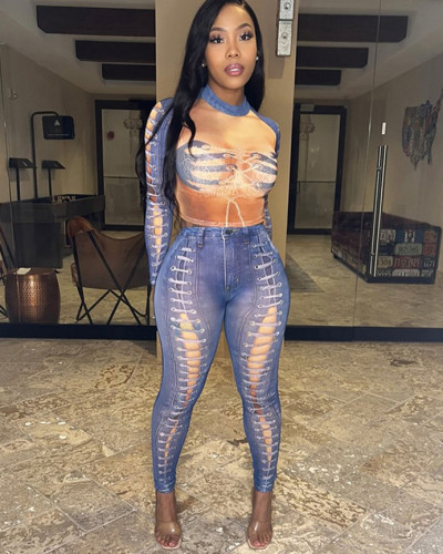 Fashionable street trendy digital printed mesh see-through trousers set