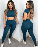 Solid color short-sleeved backless yoga shirt tight trousers sports yoga wear